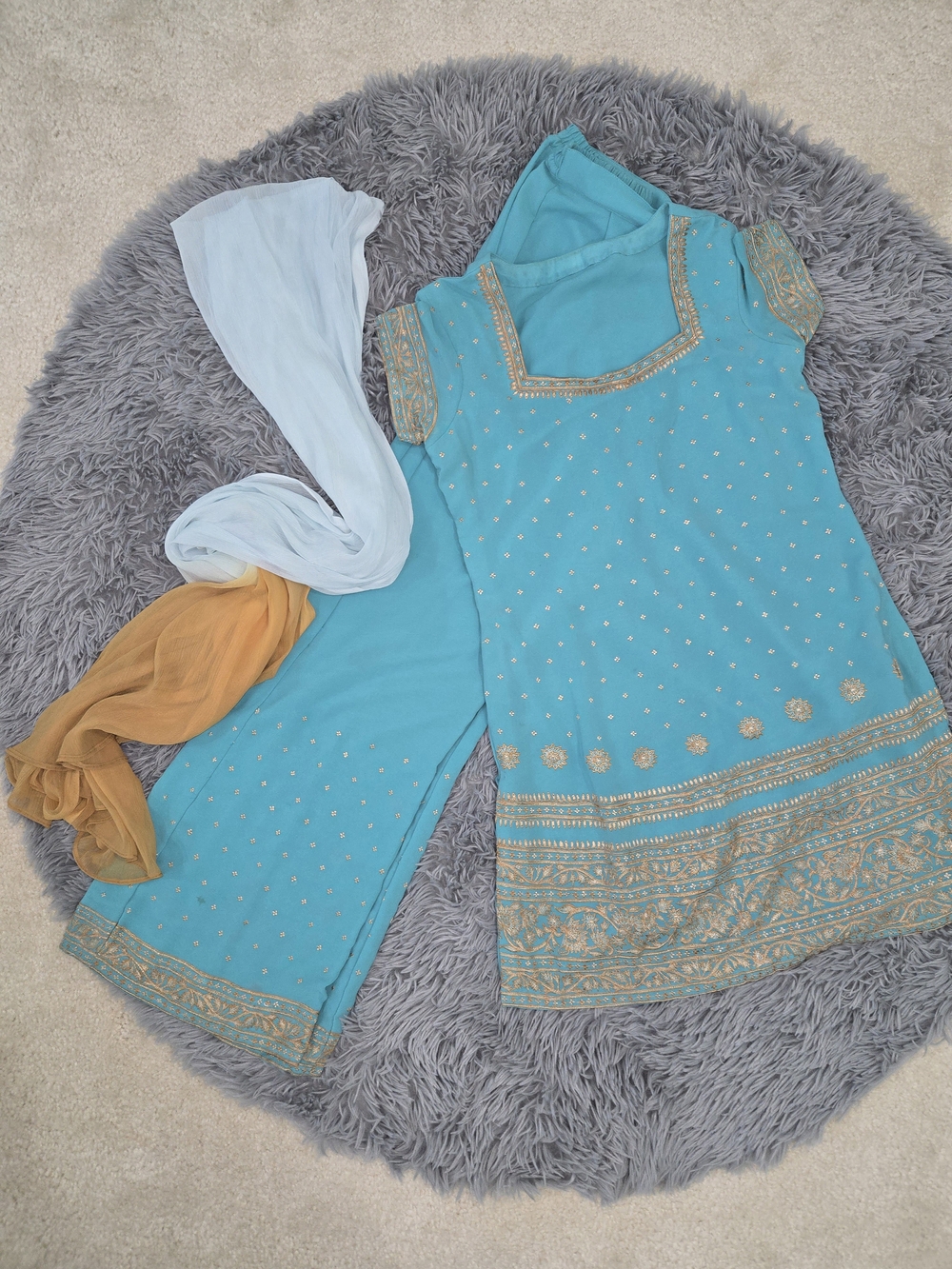 Turquoise Embellished Salwar Kameez Set with Gold Detailing